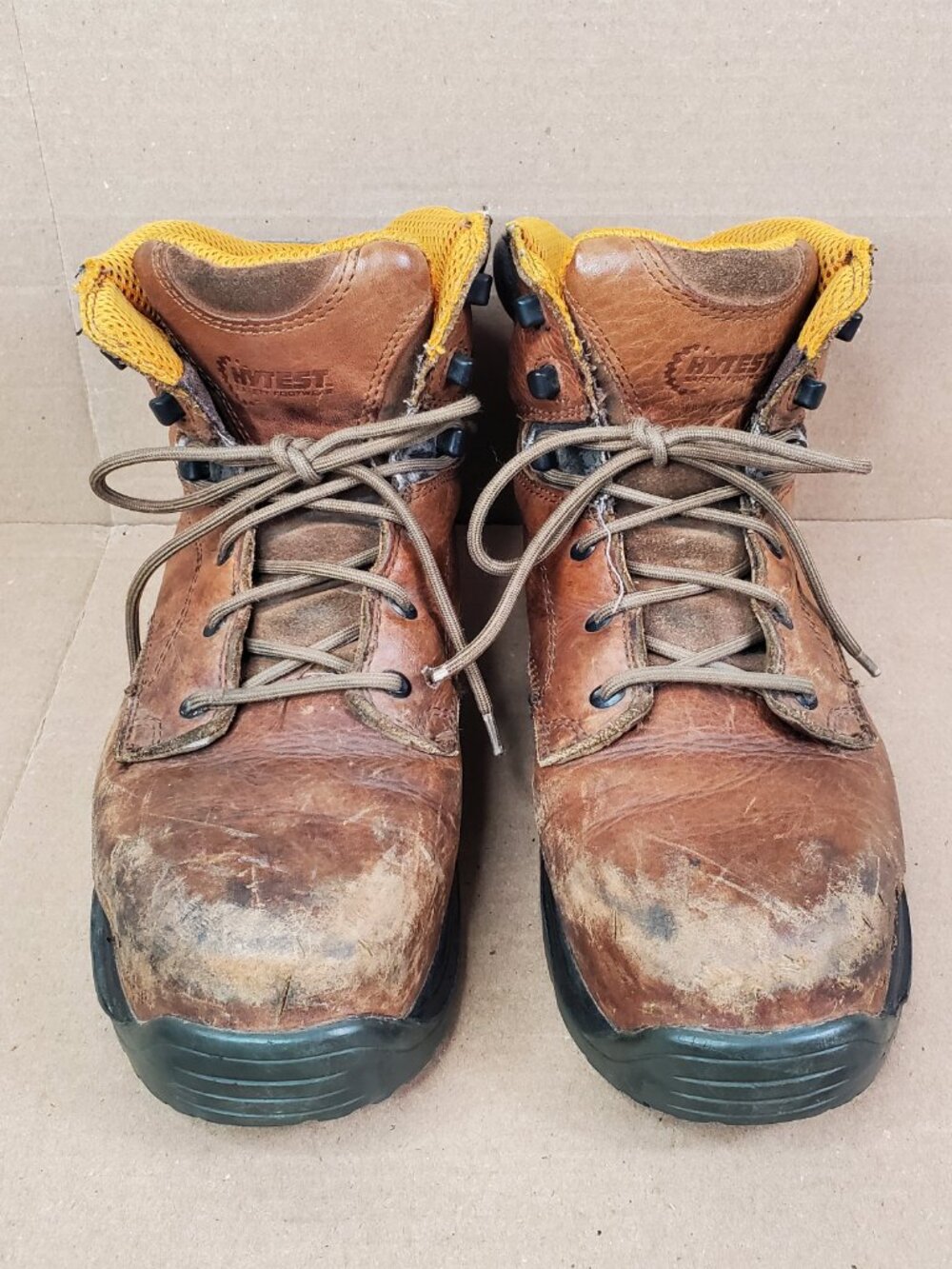 Hytest Safety Footwear Brown Leather Lace Up Steel Toe Boots Mens Size 11 W FLAW